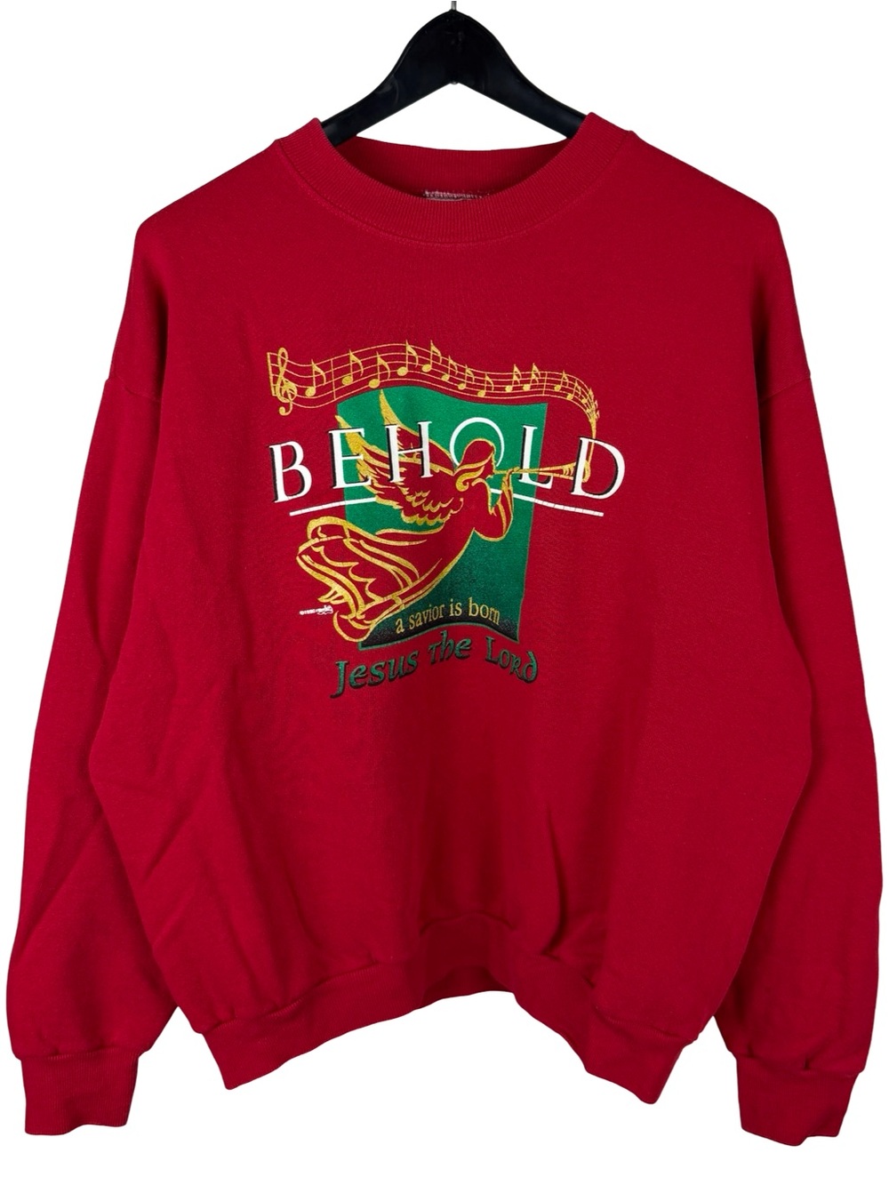 Vintage 90s Behold A Savior Is Born Jesus Religious Red Sweatshirt Size L